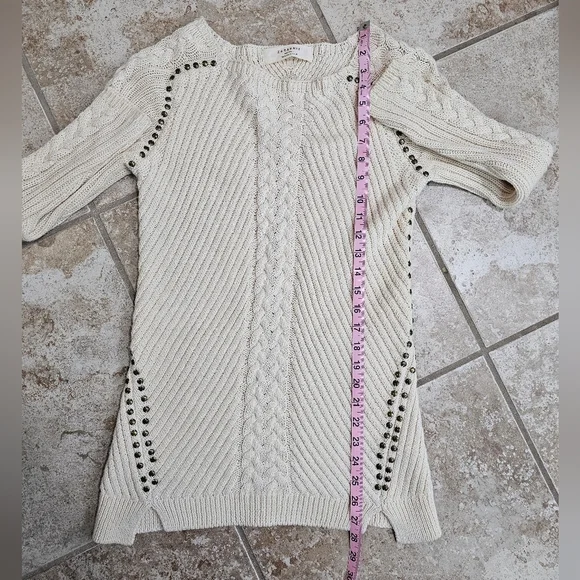 Zara Womens Medium Beige Cable Knit Sweater Studded Ribbed Preppy Boho Layering - Picture 7 of 8